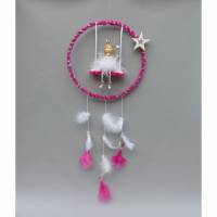 Kinderzimmer-Deko Mobile-"Traumfänger" mit Fee/ Elfe und Feder in Pink und Glitzer