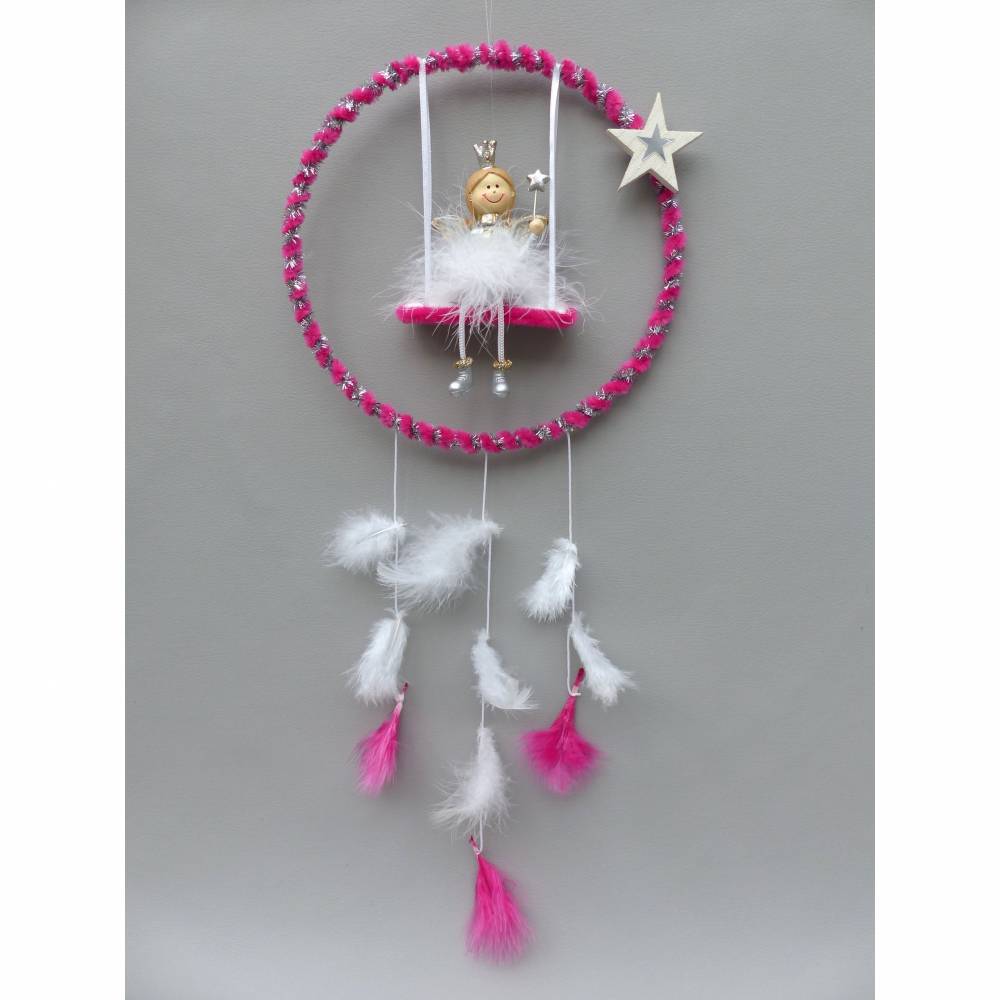Kinderzimmer-Deko Mobile-"Traumfänger" mit Fee/ Elfe und Feder in Pink und Glitzer Bild 2