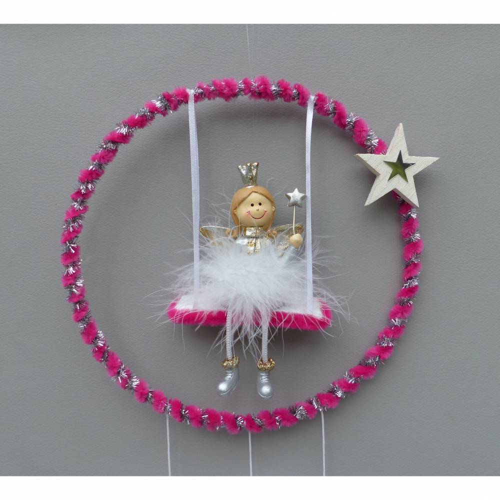 Kinderzimmer-Deko Mobile-"Traumfänger" mit Fee/ Elfe und Feder in Pink und Glitzer Bild 3