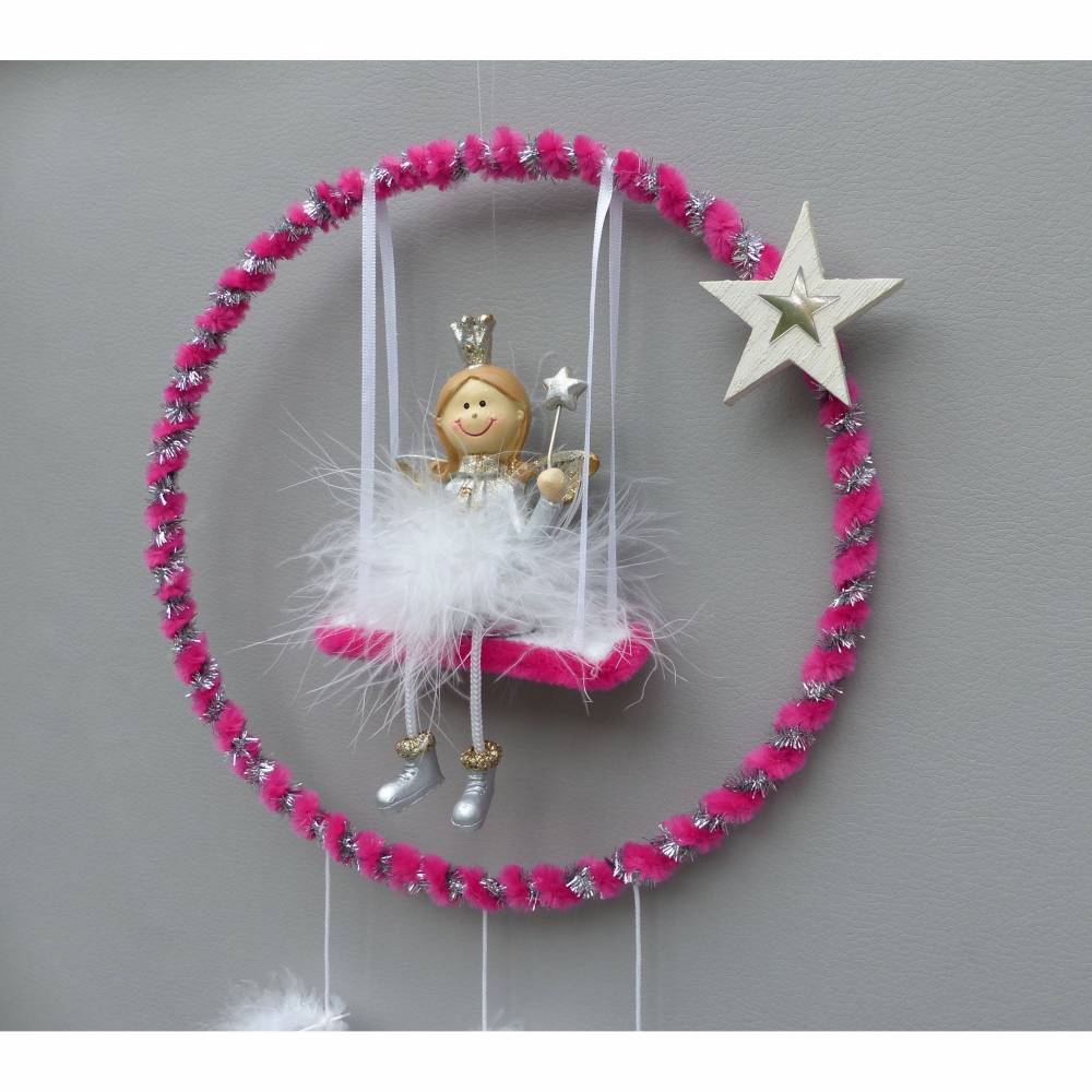Kinderzimmer-Deko Mobile-"Traumfänger" mit Fee/ Elfe und Feder in Pink und Glitzer Bild 4