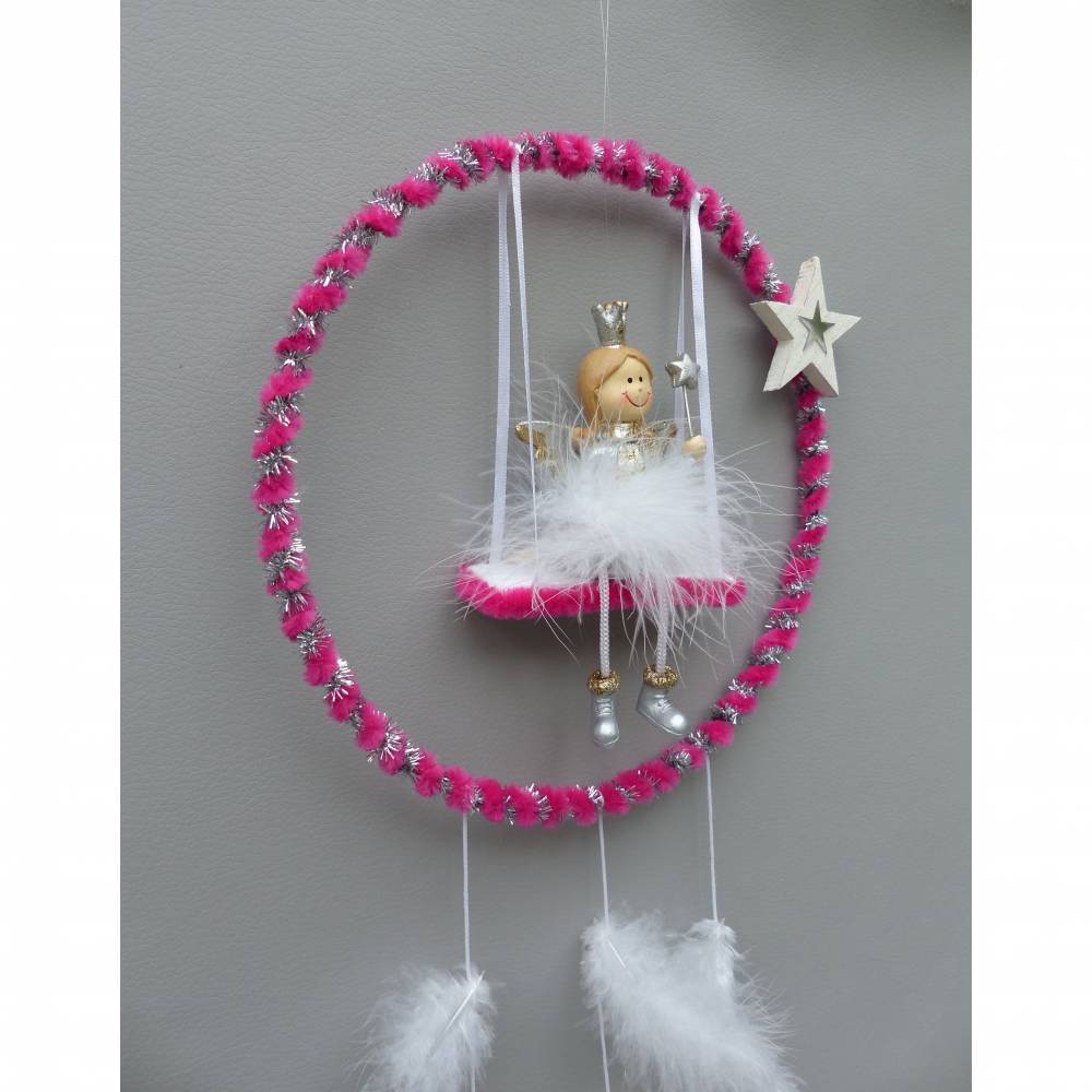 Kinderzimmer-Deko Mobile-"Traumfänger" mit Fee/ Elfe und Feder in Pink und Glitzer Bild 5