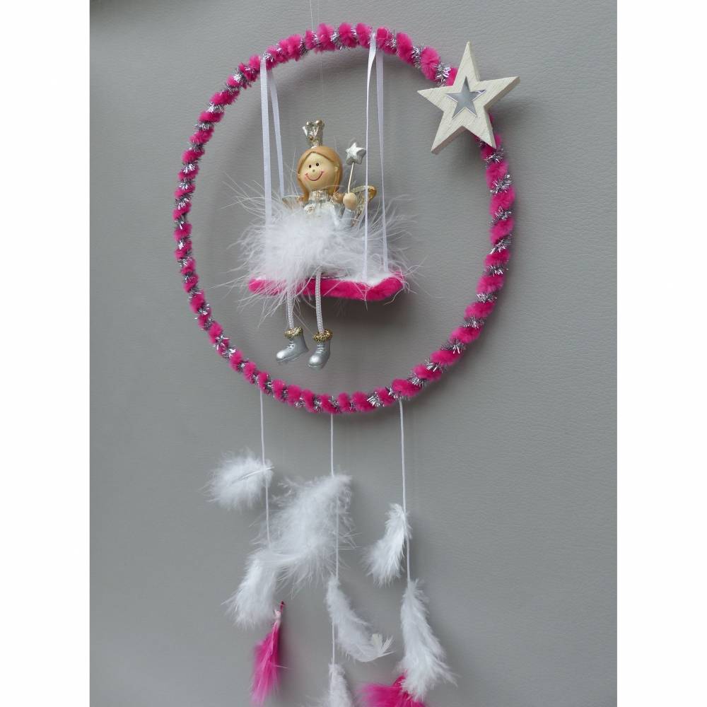 Kinderzimmer-Deko Mobile-"Traumfänger" mit Fee/ Elfe und Feder in Pink und Glitzer Bild 6