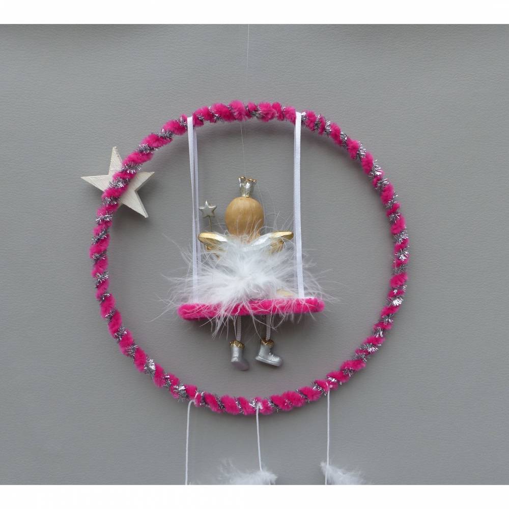 Kinderzimmer-Deko Mobile-"Traumfänger" mit Fee/ Elfe und Feder in Pink und Glitzer Bild 7