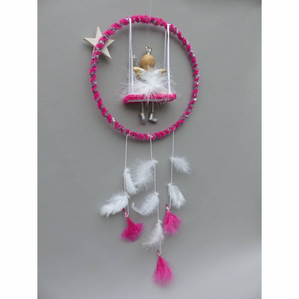 Kinderzimmer-Deko Mobile-"Traumfänger" mit Fee/ Elfe und Feder in Pink und Glitzer Bild 8