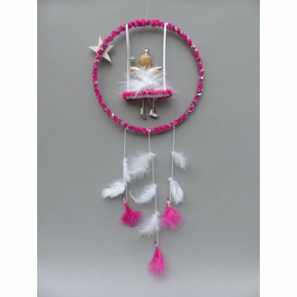 Kinderzimmer-Deko Mobile-"Traumfänger" mit Fee/ Elfe und Feder in Pink und Glitzer Bild 9