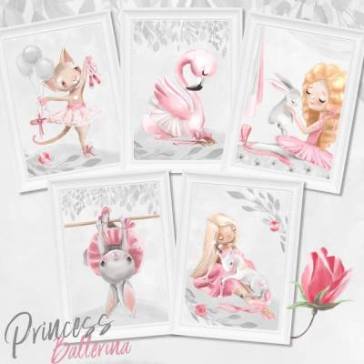 Mädchen Kinderzimmer Bilder Set & Geschenk Karte - Tiere Einhorn Prinzessin Ballerina Kunstdruck für A4 Bilderrahmen Pastell Rosa  | SET 40