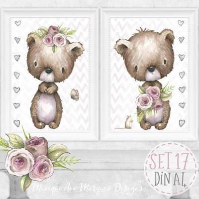 Landhaus Stil Shabby Art Vintage Teddy ~ Bären Diele oder auch Kinderzimmerbilder Poster Set