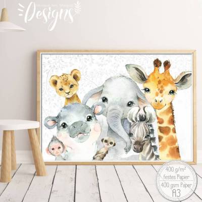SAFARI Mix ~ A3 Kinderzimmer Poster Bilder Tiere Giraffe, Löwe, Elefant, Hippo, Zebra |S 44/P-SAFARI