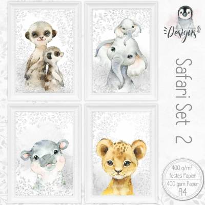 SAFARI  ( 2 ) ~ Kinderzimmer Baby Bilder Poster Set Tiere Afrika Löwe, Elefant, Hippo, Erdmännchen Kunstdruck Wildnis |Set 44/Safari 2