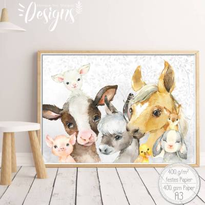 BAUERNHOF Mix ~ A3 Kinderzimmer Aquarell Poster Bild Tiere Kalb, Pferd, Esel, Ferkel Kanninchen, Ente, Lamm |SET 44/P-FARM