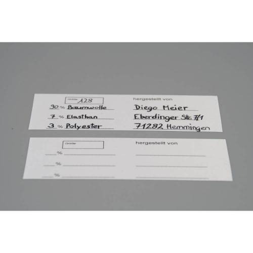Textilkennzeichnungsetiketten mit Größenfeld, Materialzusammensetzung und Anschrift