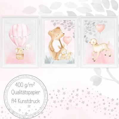 Mädchen Kinderzimmer Bilder Set Babyzimmer Bild Baby Tiere im Heißluftballon Kunstdruck für A4 Bilderrahmen  | SET 38