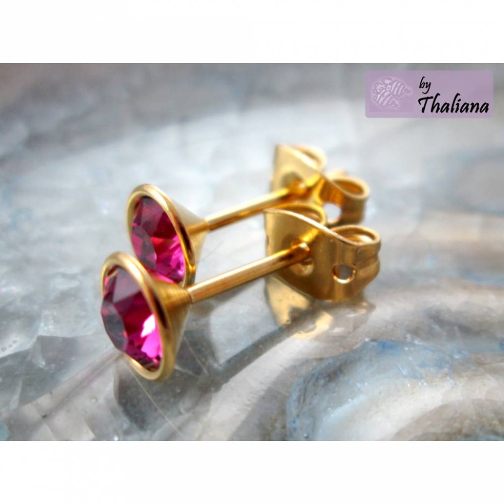 funkelnde vergoldete MINI Ohrstecker Fuchsia pink Bild 2