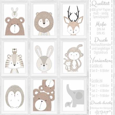 9er SET Kinderzimmer Bilder Tiere Poster – Skandinavische Waldtiere & Wildtiere im DIN A4 Format