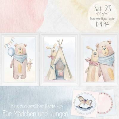 Kinderzimmerbilder Babyzimmerbilder Geschlechts - NEUTRAL Aquarell Illustrationen Babyposter und Geschenk - Karte Bilder Set Tiere  /23