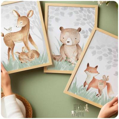 Babyzimmer Bilder Kinderzimmer Bilder Wald Tiere Fuchs, Reh, Bär Bild Kunstdruck für A4 Bilderrahmen |SET 36