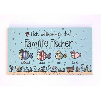 Willkommensschild für Familien mit Name personalisiert, blauesTürschild aus Holz mit Fischen handgemalt, individuelles Holztürschild - exklusives Design, wetterfeste Bemalung, hochwertig in Ausführung