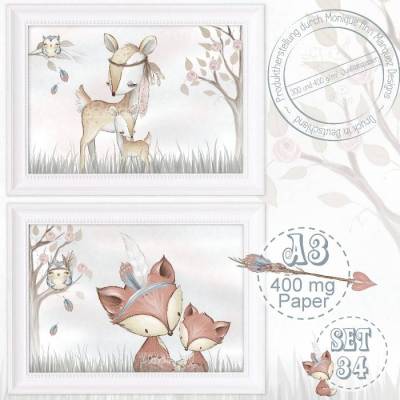 A3 Poster Set Mama & Baby Reh und Fuchs Waldtiere Tiere Babyzimmer Bilder Kinderzimmerbilder Tierbilder Babyposter |SET 34/A3