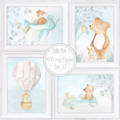 Jungen Kinderzimmer Bilder Babyzimmer Bilder Flugzeug Tiere Fuchs, Bär, Hase, Maus Bild  Kunstdruck für A4 Bilderrahmen A4 | SET 37
