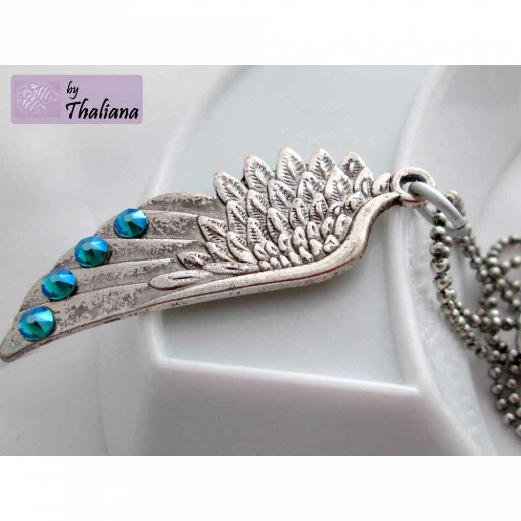 XXL Flügel Anhänger Kette mit türkisem Glitzer Bild 1