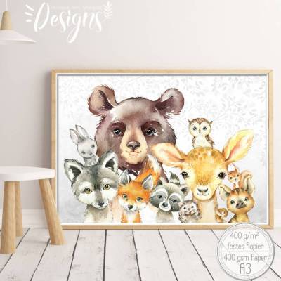 WALD TIERE ~ A3 Kinderzimmer Poster Bild Tiere Fuchs, Bär, Reh, Waschbär - Einzelbild oder Bilderset |SET 44/P-FARM
