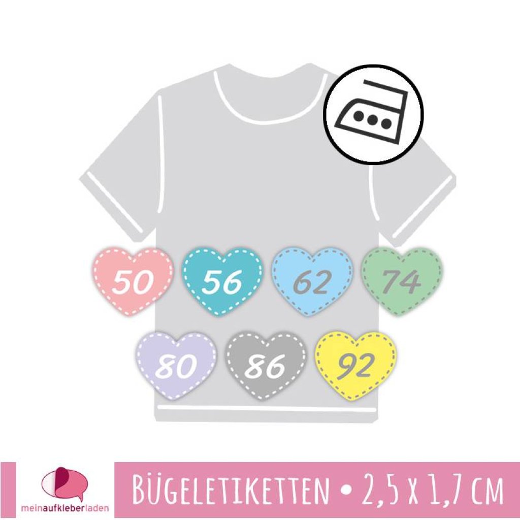 54 mini permanent Bügeletiketten | Herz - Größenetiketten - 2,5 x 1,7 cm Bild 1