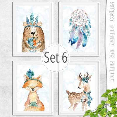 Kinderzimmer Bilder Tiere Babyzimmerbilder Bilderset Waldtiere Boho Reh Fuchs Traumfänger Digitaldruck Babyposter Kunstdruck DIN A4 |SET6