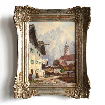 Gemälde Bergmotiv geschnitzter silberner Holzrahmen