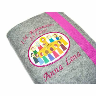 Gotteslobhülle Hülle für Gotteslob Merino Wollfilz Filz Stickerei 1.hl. Kommunion inkl. Name + Datum + Abendmahl Aufnäher Geschenk Kommunion