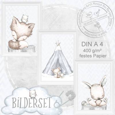 Babyzimmer Poster NEUTRAL Kinderzimmer Bilder Wald Tiere Fuchs Eule Hase |S21
