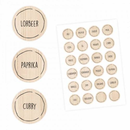 24 Gewürzetiketten - Holzoptik - 22 beschriftet 2 blanko - rund 4 cm Ø - Küchen Aufkleber Sticker