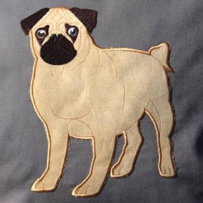 Stickdatei Applikation Mops 3 Größen 10x10, 13x18 und 17x20 Rahmen Stickmuster Hund