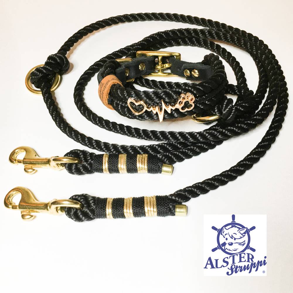 Leine Halsband Set schwarz gold, auch fr fr kleine Hunde, verstellbar