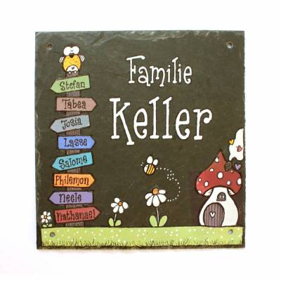 Türschild Schiefer Handgemalt Wetterfest Eule Wegweiser Familienname Patchwork 20x20 cm personalisiert