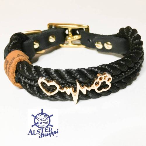 Hundehalsband schwarz, gold, Herz-Pfote-EKG Charm, verstellbar sehr edel