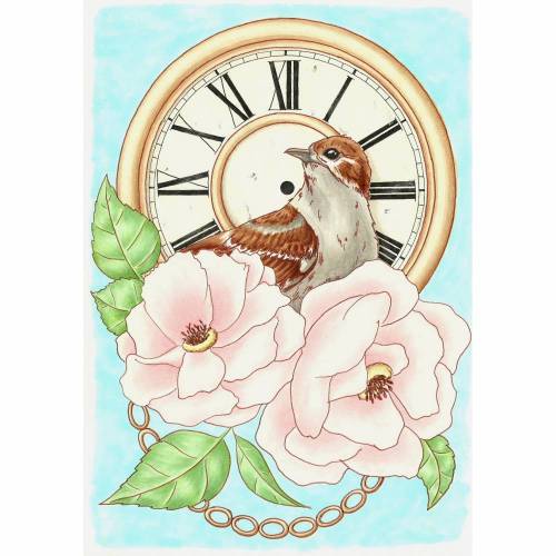 Maxi Postkarte „Clockbird“ | Künstlerpostkarte