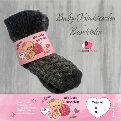 6 Baby - Sockenbanderolen: Mit Liebe gestrickt - rosa Teddy - personalisierbar | mit transparente Klebepunkte