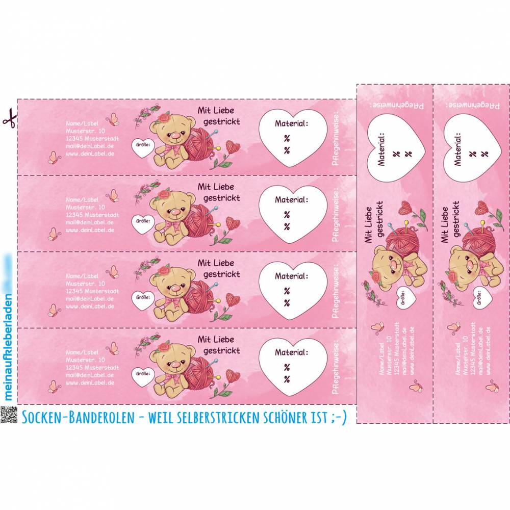 6 Baby - Sockenbanderolen: Mit Liebe gestrickt - rosa Teddy - personalisierbar | mit transparente Klebepunkte Bild 2