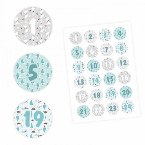 24 Adventskalender Zahlen Aufkleber HELLBLAU/GRAU - rund 4 cm Ø - Sticker Weihnachten zum basteln dekorieren DIY