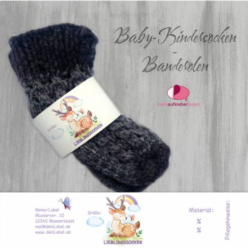 6 Baby - Sockenbanderolen: Lieblingssocken - Hirsch lila - personalisierbar | mit transparente Klebepunkte