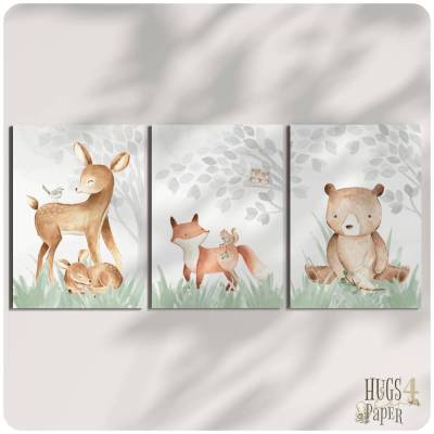 A3 Poster Baby Kinderzimmer Bilder Wald Tiere Fuchs, Reh, Bär Kunstdruck |SET 36 -A3