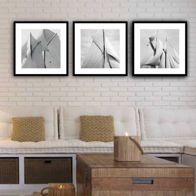 Segel 3er Set gerahmt Bild je 35x35 cm, Schwarz Weiß Fotografie Vintage Kunstdruck Bilderwand Wanddekoration