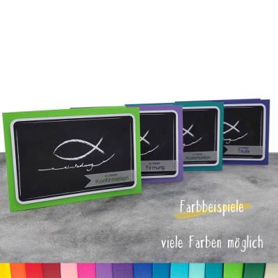 Individuelle Einladungskarten zur Kommunion, Konfirmation, Taufe & Firmung – Design Kreidezeichnung Fisch