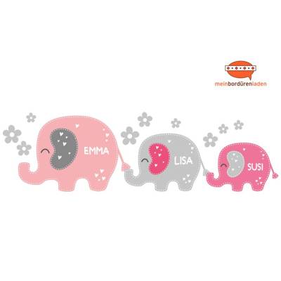 Geschwister - Wandtattoo: 3 Elefanten Blümchen - personalisierbar