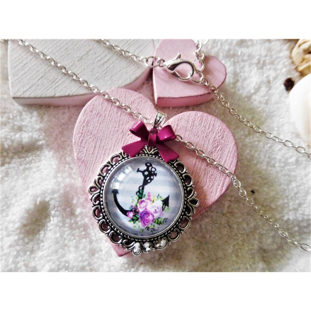 Anker Halskette, Cabochon Kette mit nostalgischem Anker und Schleife, Rockabilly und Vintage Look, versilberte Kette Bild 1