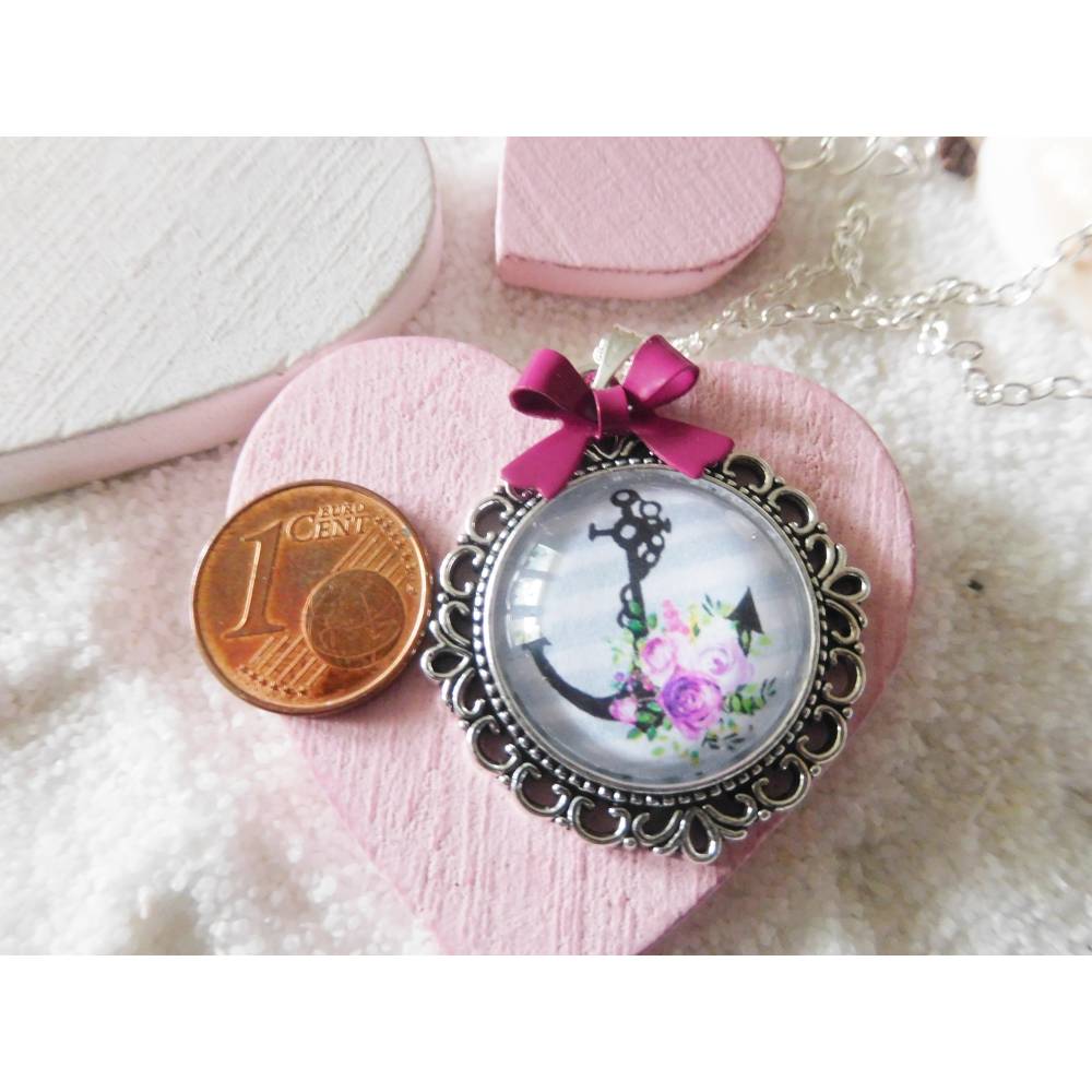 Anker Halskette, Cabochon Kette mit nostalgischem Anker und Schleife, Rockabilly und Vintage Look, versilberte Kette Bild 3