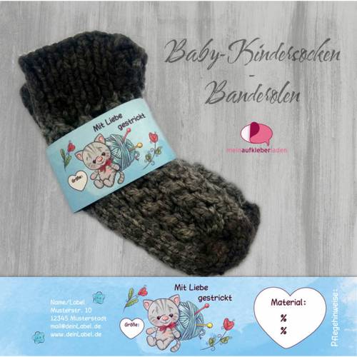 6 Baby - Sockenbanderolen: Mit Liebe gestrickt - blau Kätzchen - personalisierbar | mit transparente Klebepunkte