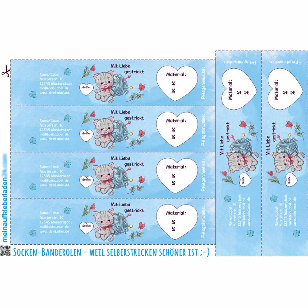 6 Baby - Sockenbanderolen: Mit Liebe gestrickt - blau Kätzchen - personalisierbar | mit transparente Klebepunkte Bild 2