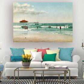Leinwandbild Beach Scene 1901 -  Vintage Art - Kunst - Druck - Wandbild - Meer - Strand - türkis - blauer Himmel 