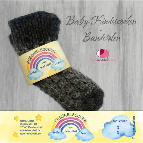 6 Baby - Sockenbanderolen: Kuschelsocken - gelb Regenbogen - personalisierbar | mit transparente Klebepunkte
